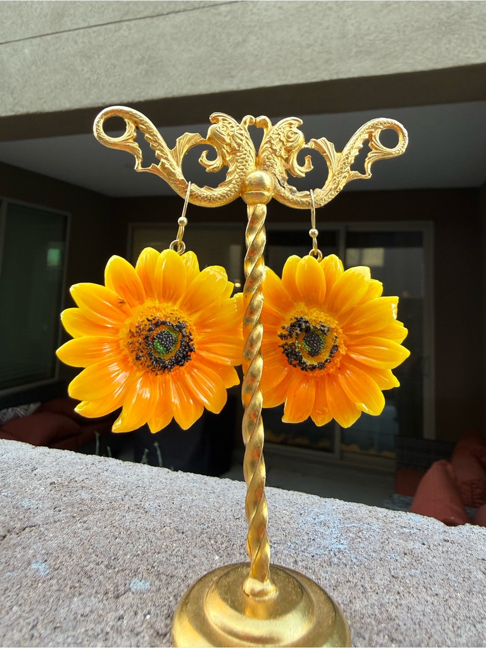 Vintage-Style Carved Resin Sunflower Dangle Earrings, Gold-Tone Wire, 2"